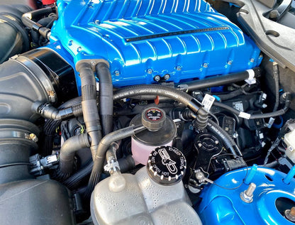 Clean Side Catch Can installed on a 2024 Mustang GT with a 3.0 Whipple Gen 6 Supercharger in Black Anodized Finish [5049-295-1-CSCC]